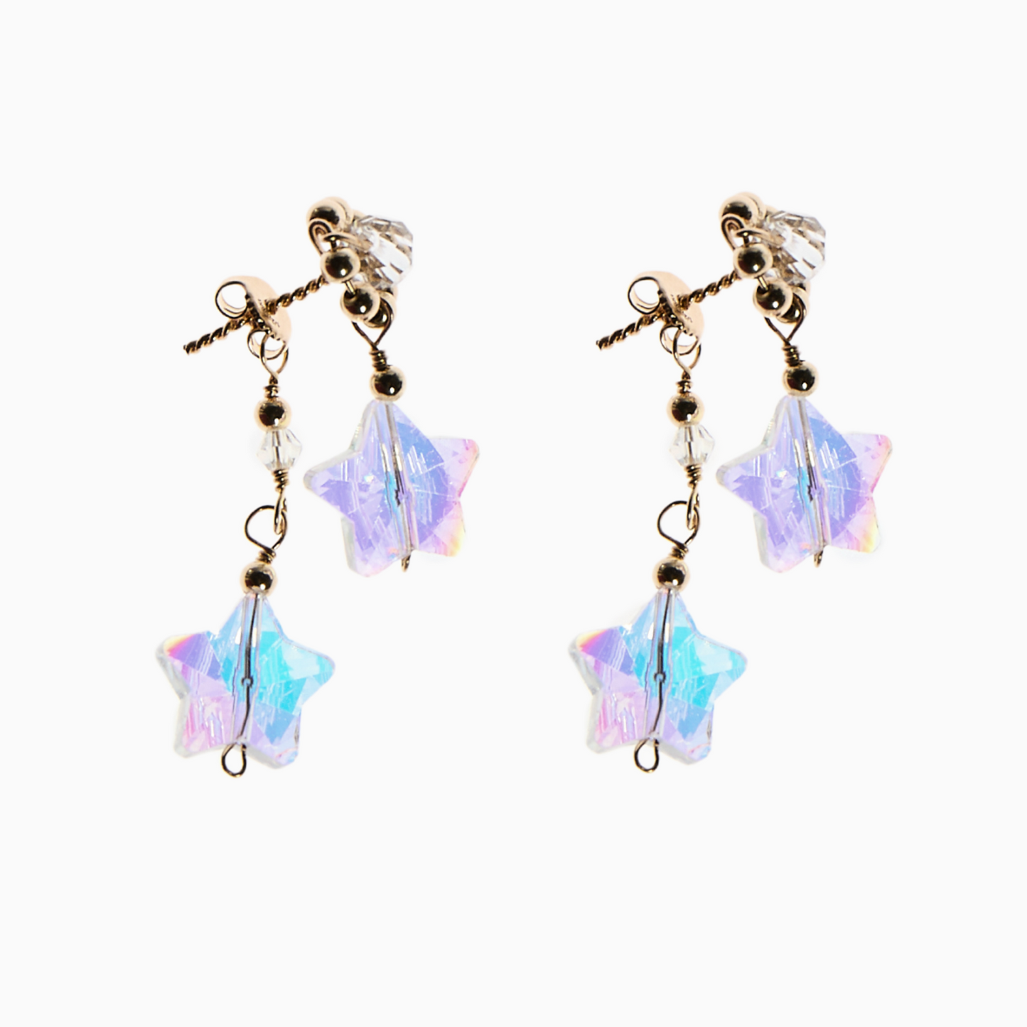 April Diamond-Inspired Stud Earrings featuring a dazzling flower crystal centre, luxe 14k gold-filled spacer balls, and cascading star crystals, these earrings add celestial sparkle to any look.