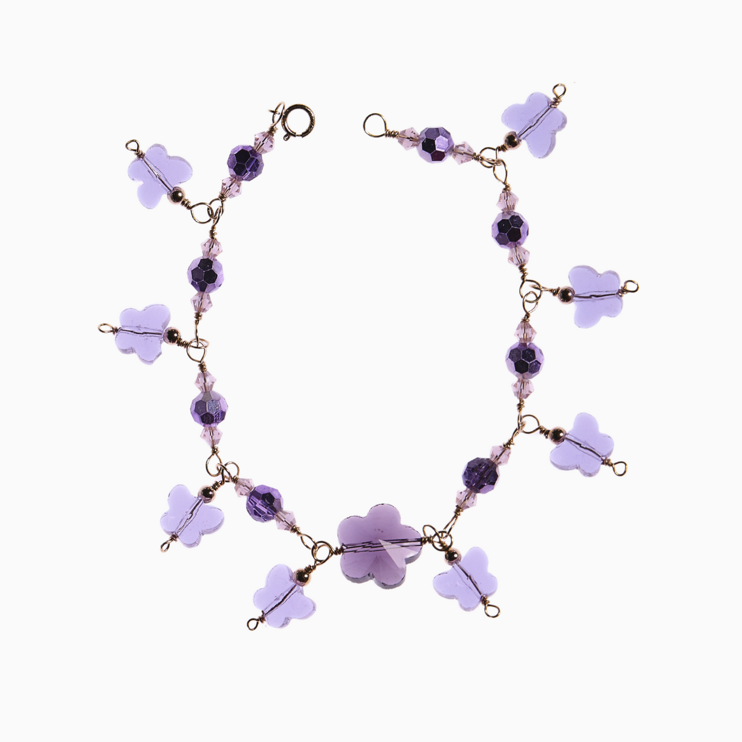 Handmade February Birthstone Amethyst Inspired Flower and Butterfly Crystal Bracelet with 14k Gold-Filled Wire - Perfect for birthdays, anniversaries, and any special occasion.
