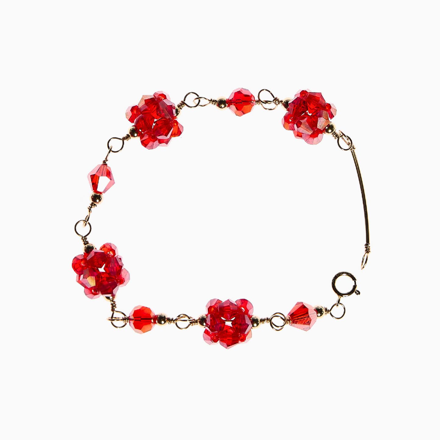 Red ruby July bracelet featuring ruby-red glass crystals carefully sewn together with 4mm bicone crystals, this bold, intricate design is all about passion, strength & love. A sleek 14k gold filled bar and 6mm bicone & round crystals add extra sparkle.