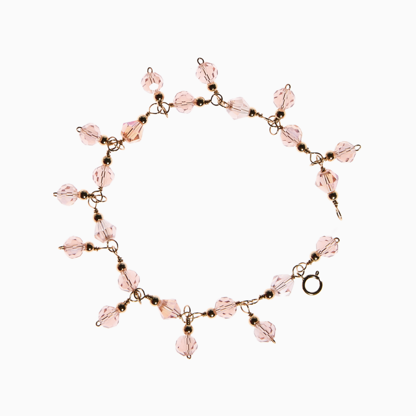 Pink Tourmaline October Birthstone bracelet handcrafted with luxe 14k gold-filled materials, this dreamy bracelet features shimmering 6mm bicone glass crystals and dangling 6mm round crystals, accented with delicate gold-filled spacer balls for an elegant finish.