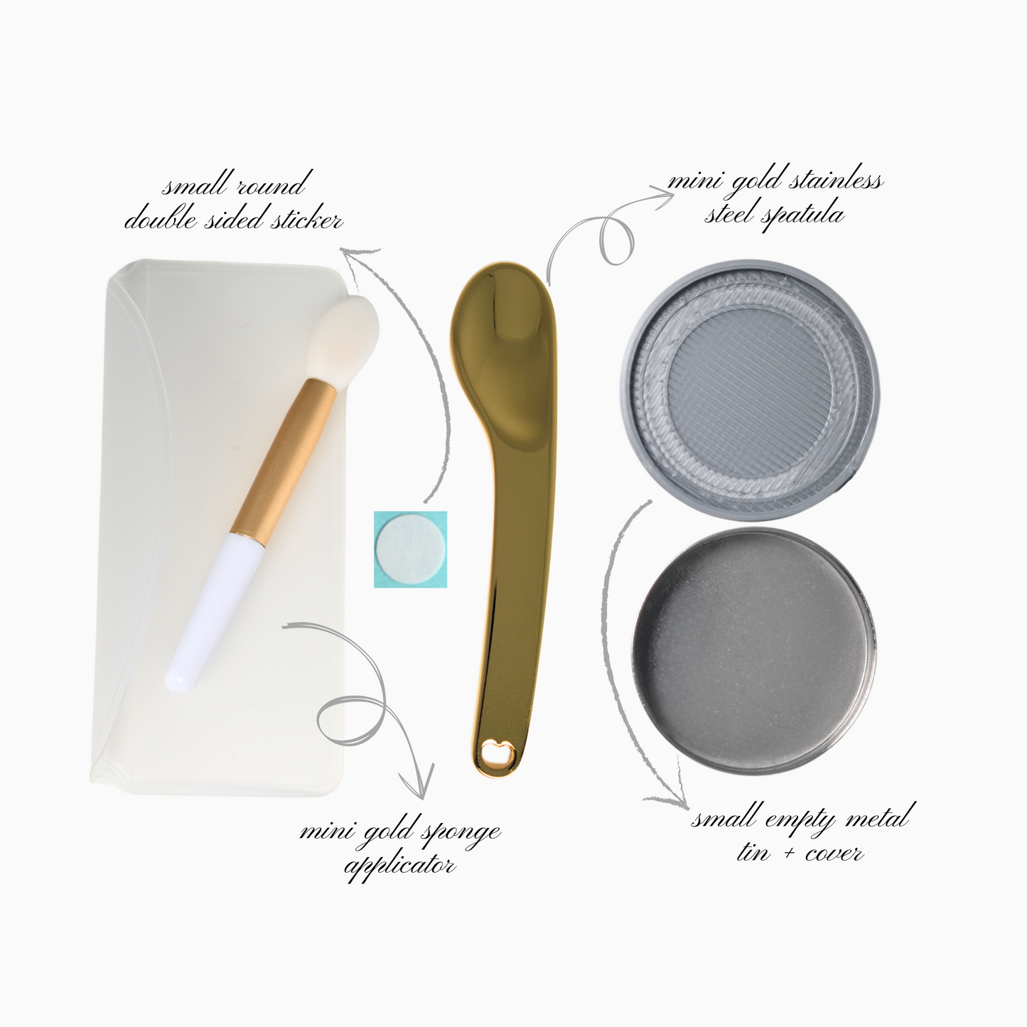 An image featuring a gold stainless steel spatula, mini gold sponge applicator, small empty metal tin, and a round sticker, all neatly arranged and labelled. Each item is clearly identified to show how they assist in transferring and storing small items inside the locket, ensuring easy use and secure placement.