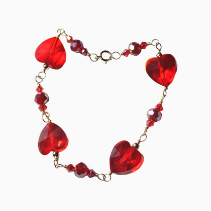 Elegant garnet inspired red heart crystal bracelet featuring faceted crystal beads and a gold-filled chain, ideal for women's jewellery, fashion accessories,  valentine's day, romantic gifts, birthday gifts or any occasions. 