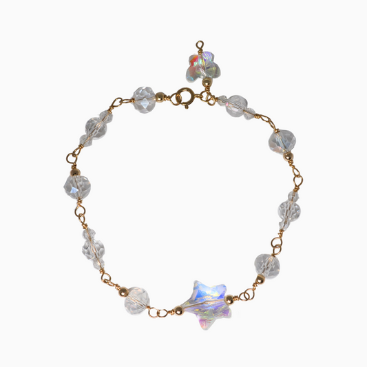 Handcrafted April birthstone bracelet featuring 14k gold-filled materials, 3mm bicone glass crystals, 6mm and 8mm round glass crystals, a 10mm dangling butterfly glass crystal, and a star glass crystal. Perfect for birthdays, anniversaries, and special occasions, this bracelet symbolises clarity, strength, and brilliance, honoring the timeless essence of the April gem.