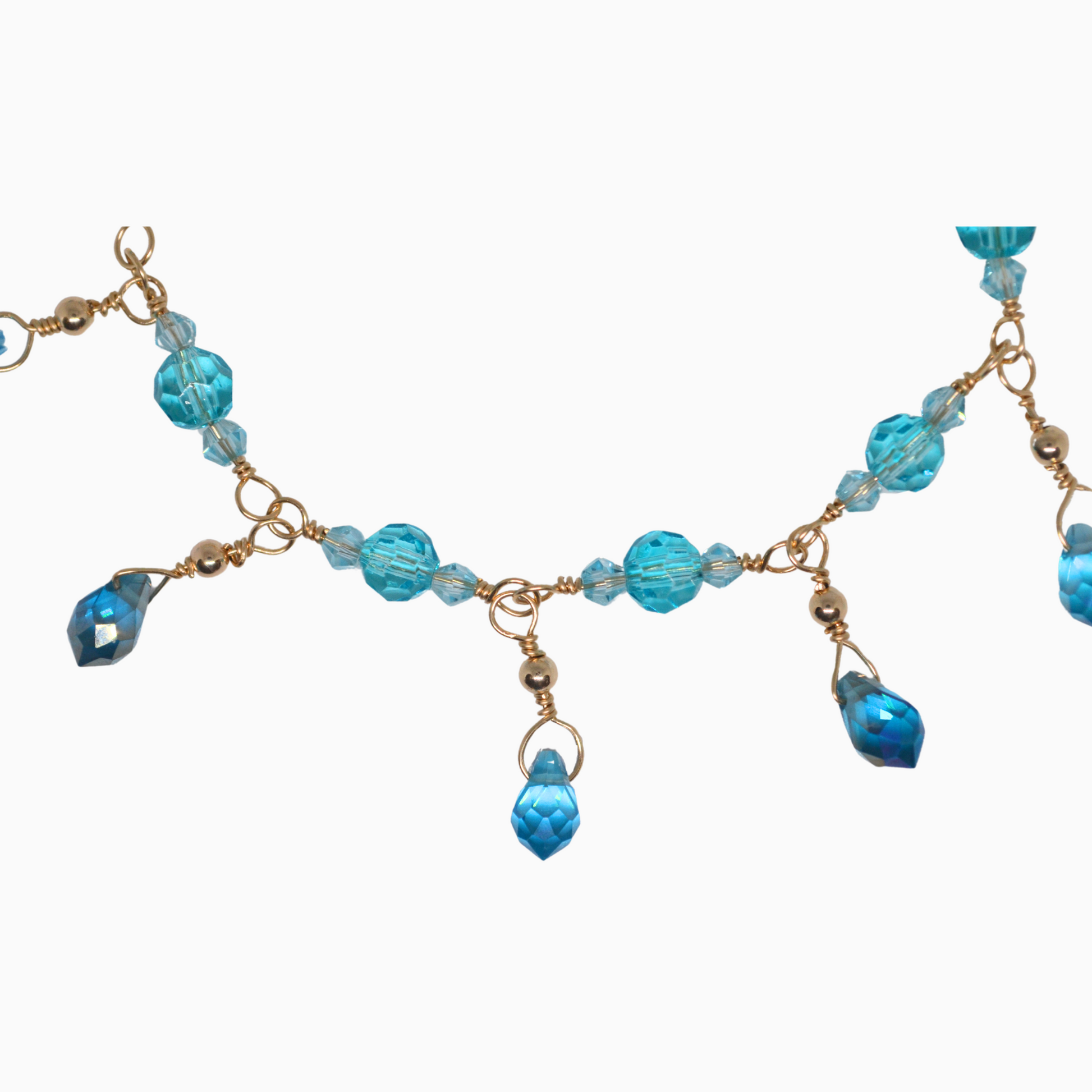 Up-Close Look at the Intricate Details of the Handmade Aquamarine Inspired Teadrop Water Crystal Bracelet in 14k Gold Filled Wire